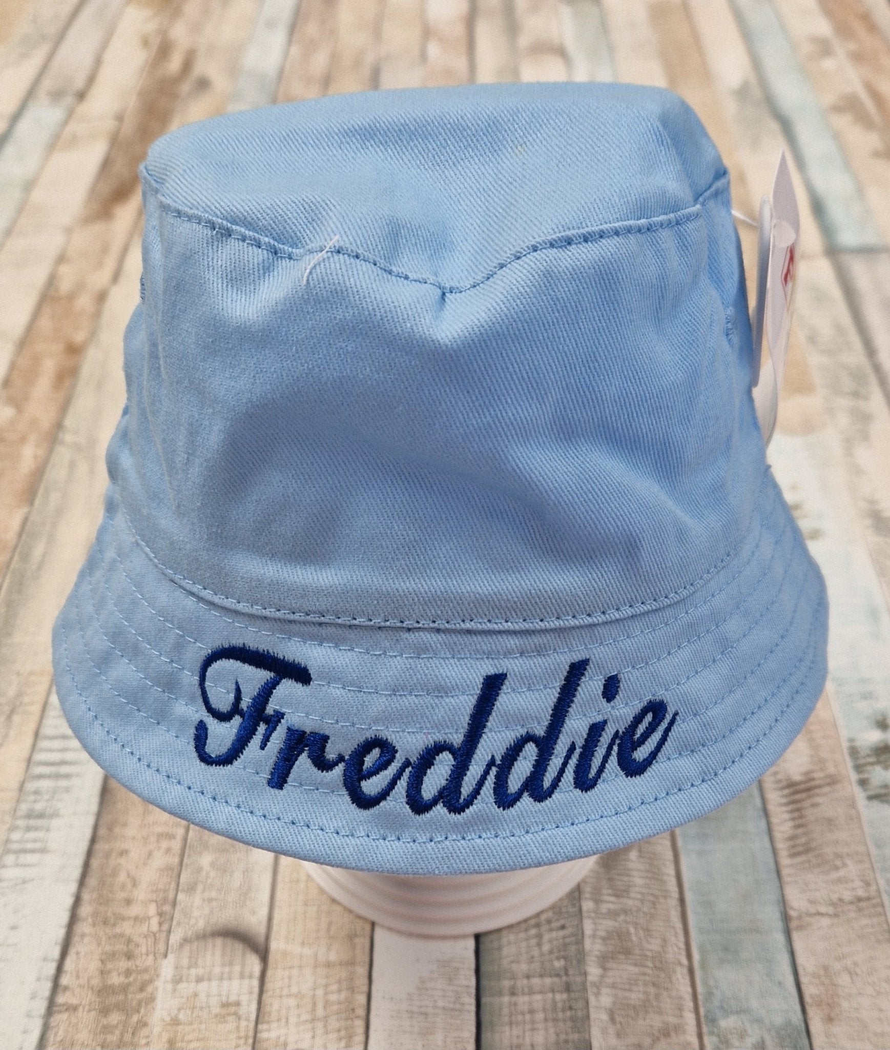 Personalised Baby Boys Blue Bucket Hat With Chin Strap