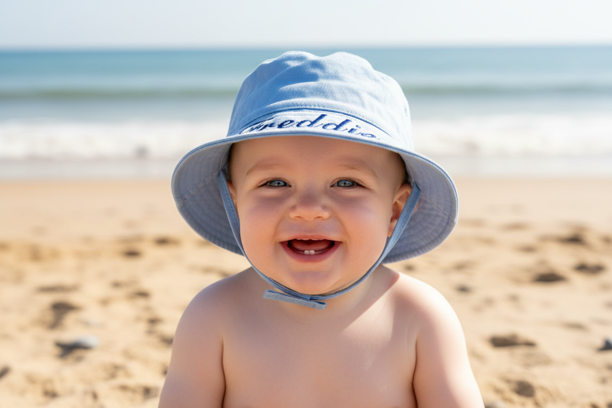 Personalised Baby Boys Blue Bucket Hat With Chin Strap