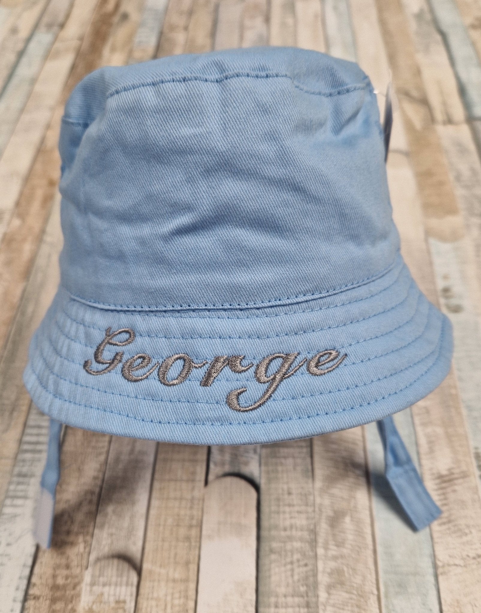 Personalised Baby Boys Blue Bucket Hat With Chin Strap