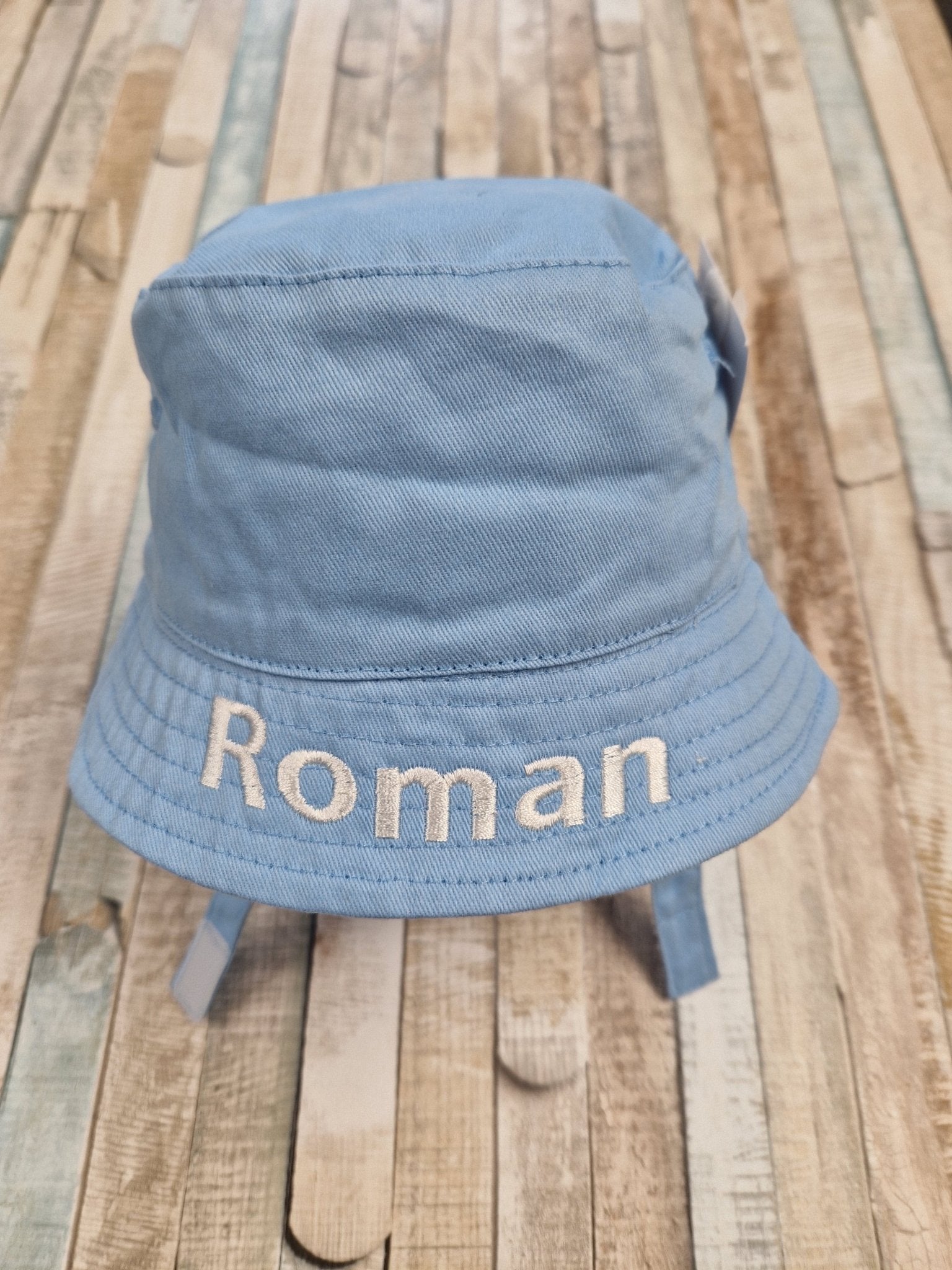 Personalised Baby Boys Blue Bucket Hat With Chin Strap