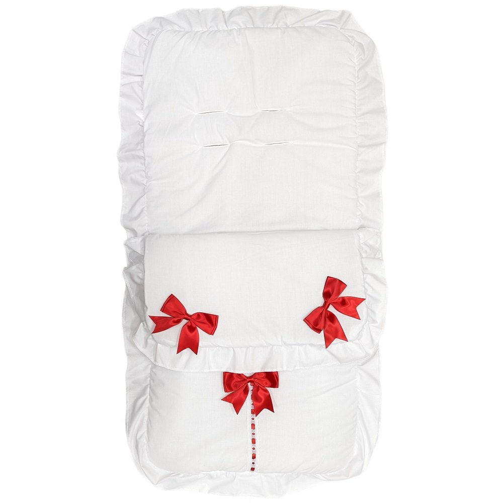 Unisex Baby Plain White Broderie Anglaise And Red Satin Bow Universal  Pushchair Cosytoes/Footmuff