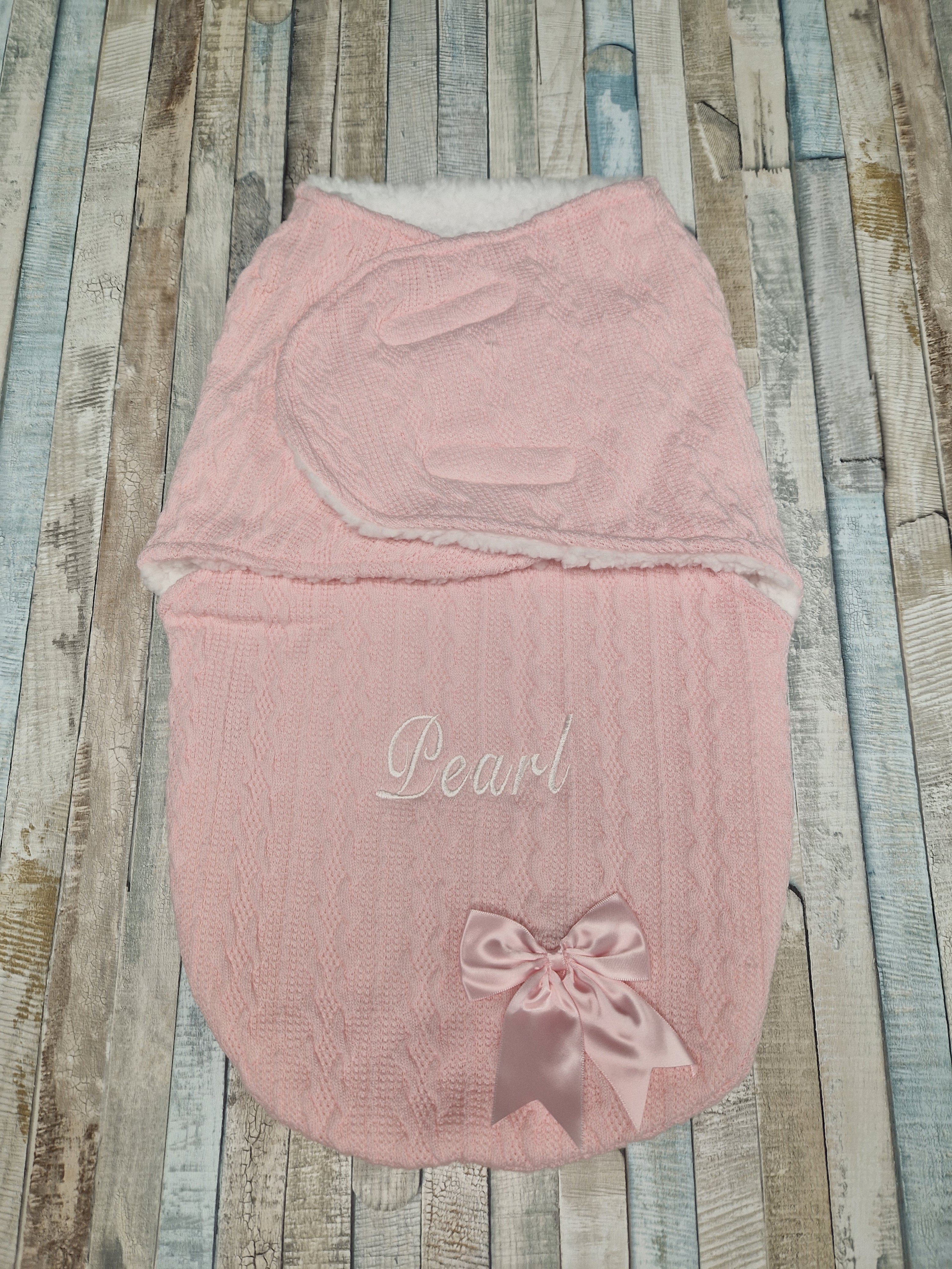 Personalised Baby Girls Pink New Cable Style Swaddle With Satin Bow