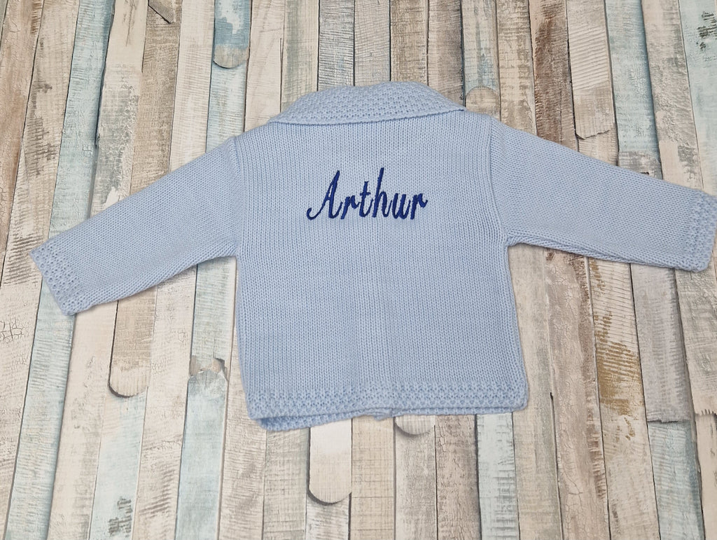 Personalised Blue Baby Boys Cardigan With Collar