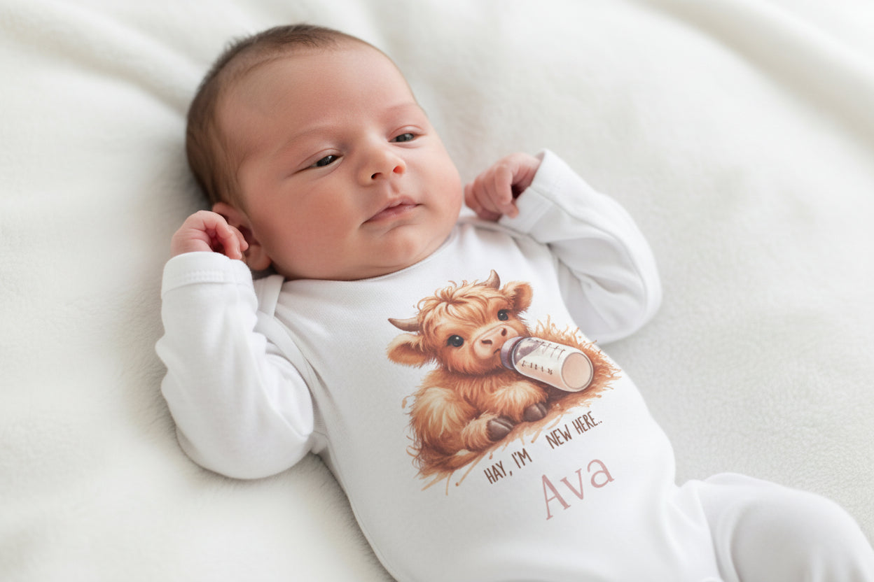 Personalised Baby Highland Cow Hay Im New Here Printed Newborn Babygro