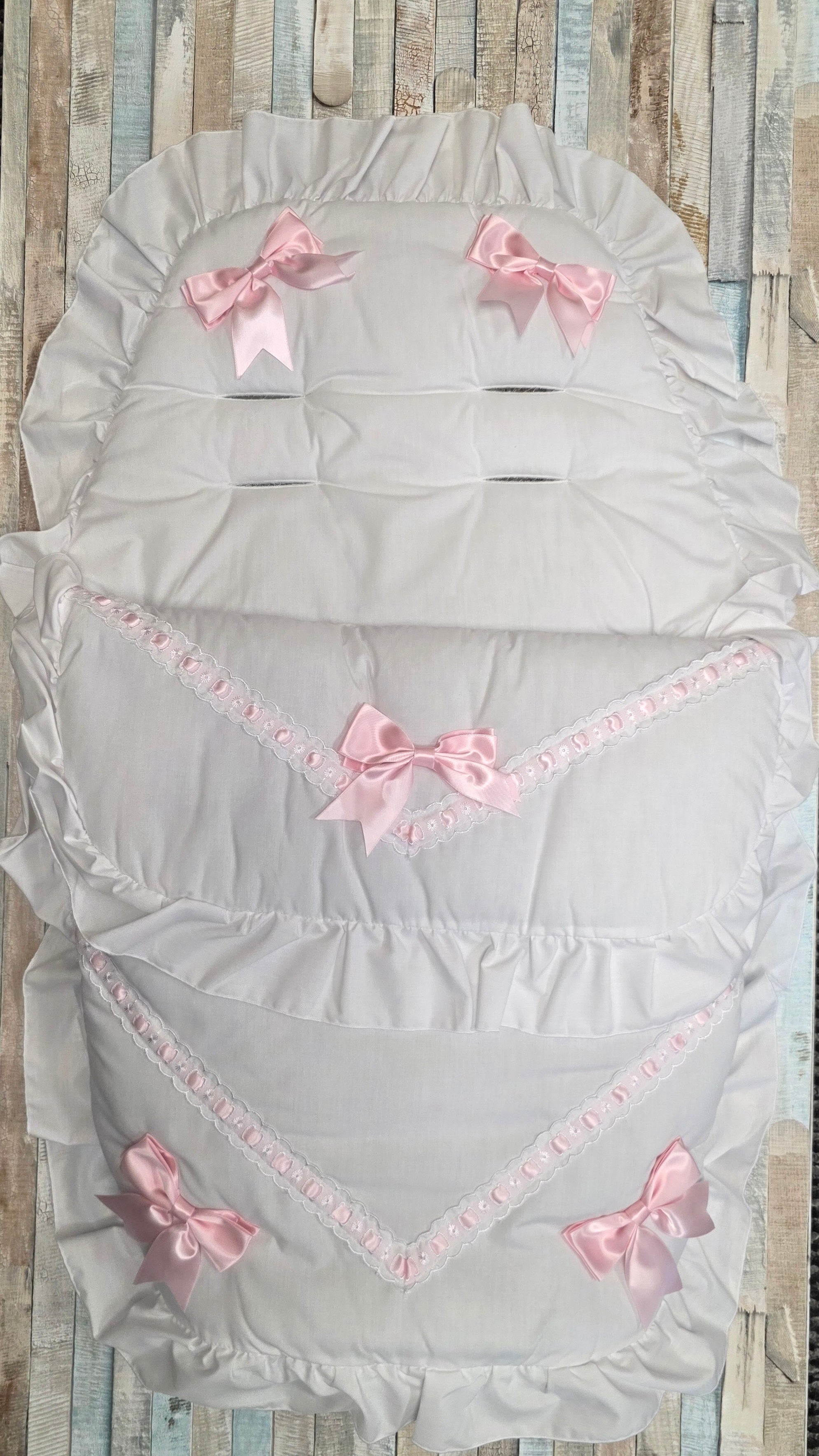 Baby Girls White Frill Universal Pushchair Footmuff/ Cosytoes With 5 Pink Satin Bow