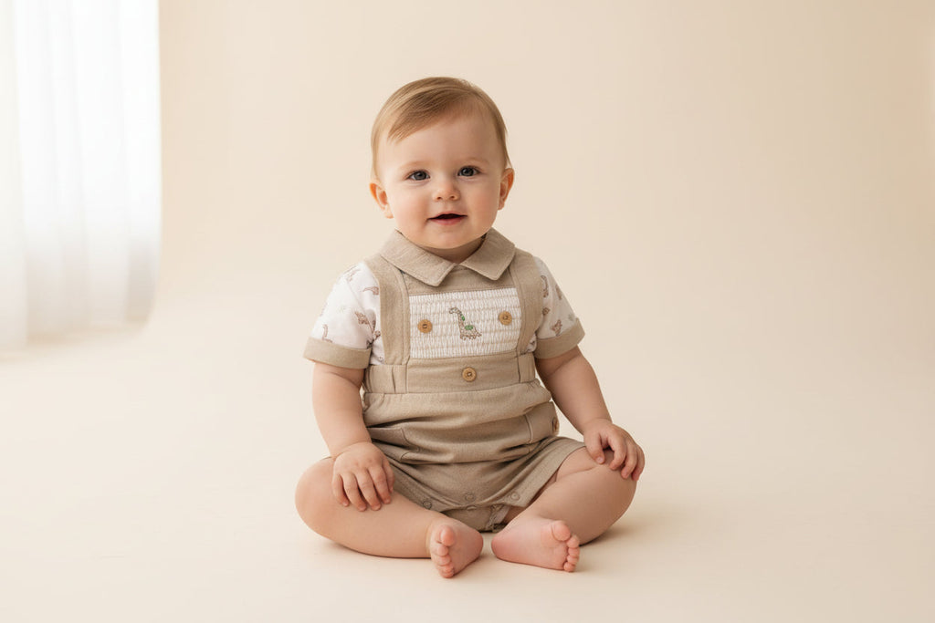 Baby Boys Beige Dinosaur Dungaree 2 Piece Short Set