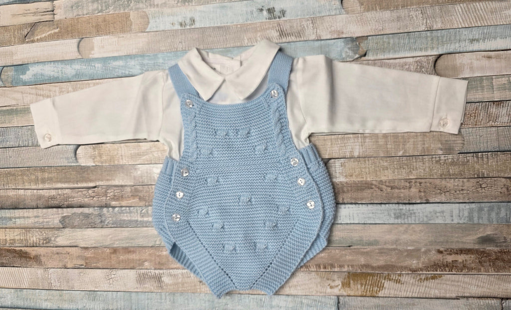 Baby Boys Blue 2 Piece Fancy Knitted Dungaree Romper Set