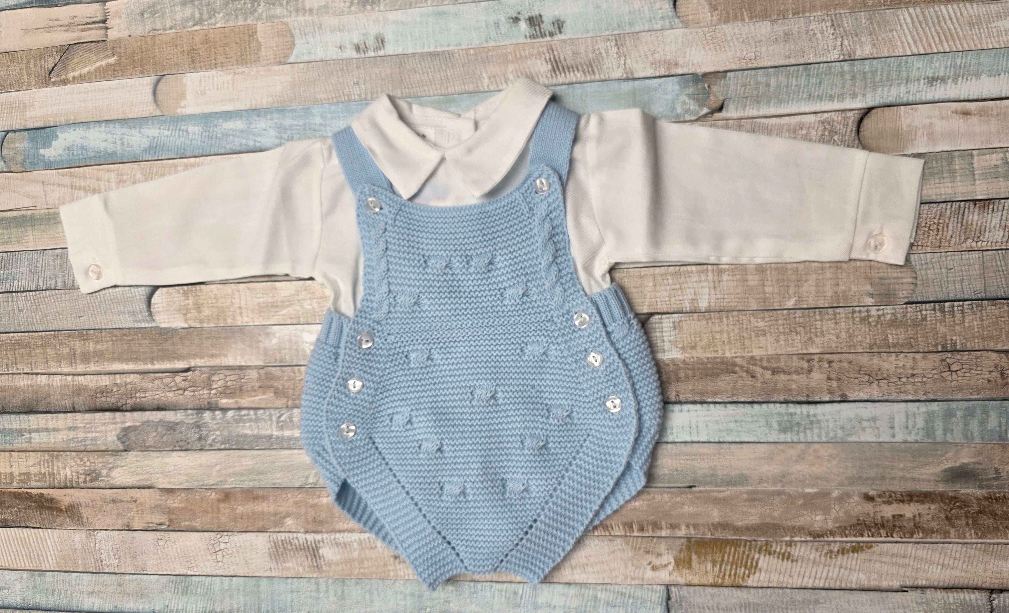 Baby Boys Blue 2 Piece Fancy Knitted Dungaree Romper Set