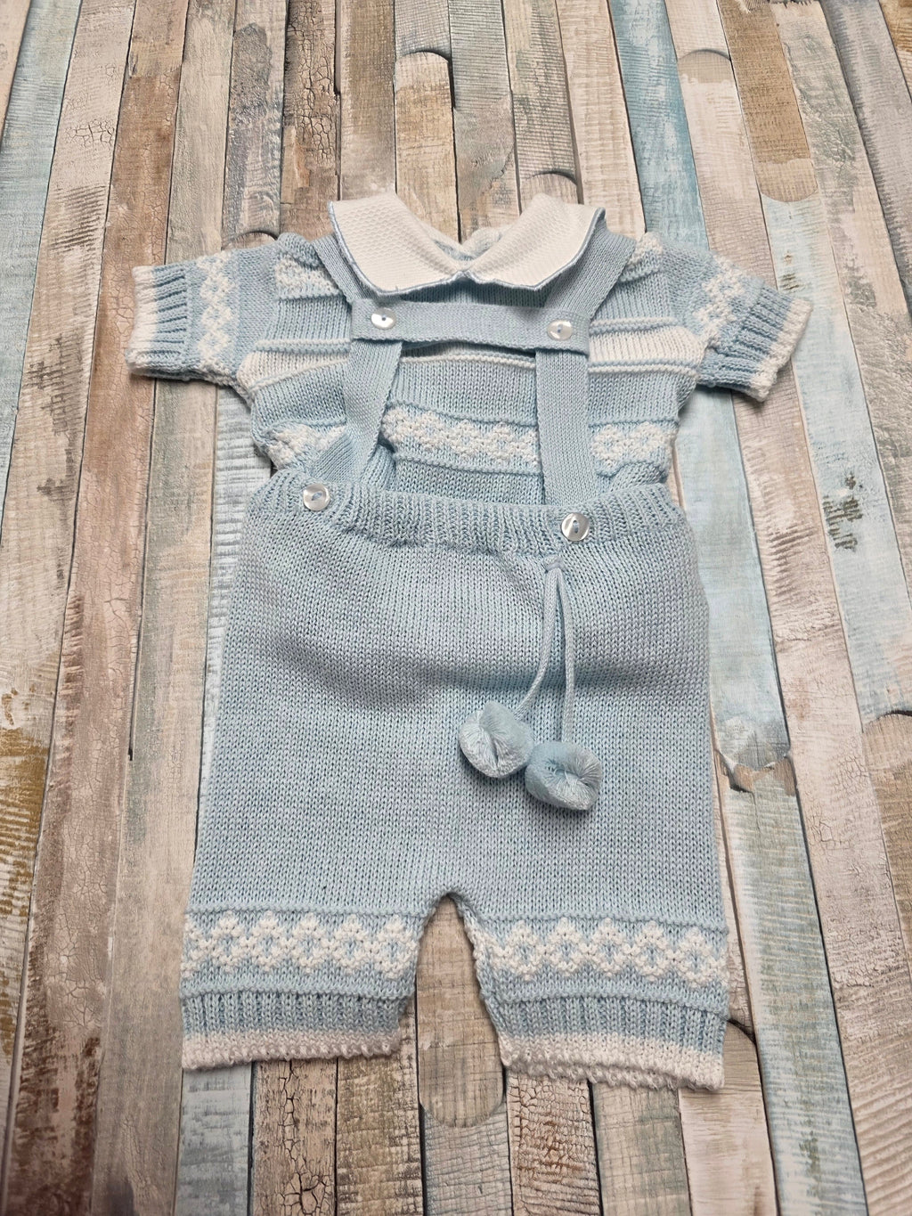 Baby Boys Blue And White Knitted Short Set With Pom Pom