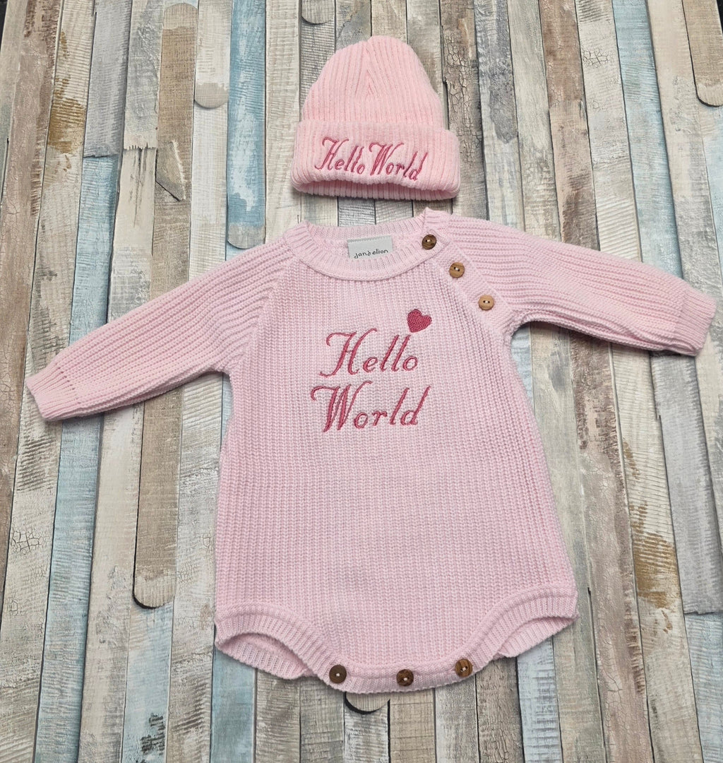 Nana B Baby Girls Pink Hello World Long Sleeved Romper With Beanie Hat