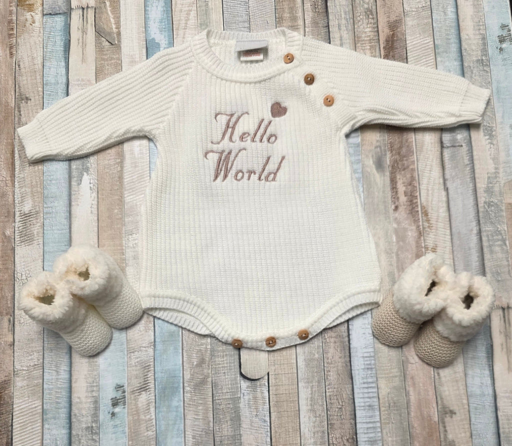 Nana B Unisex Baby White Hello World Romper With Beanie Hat