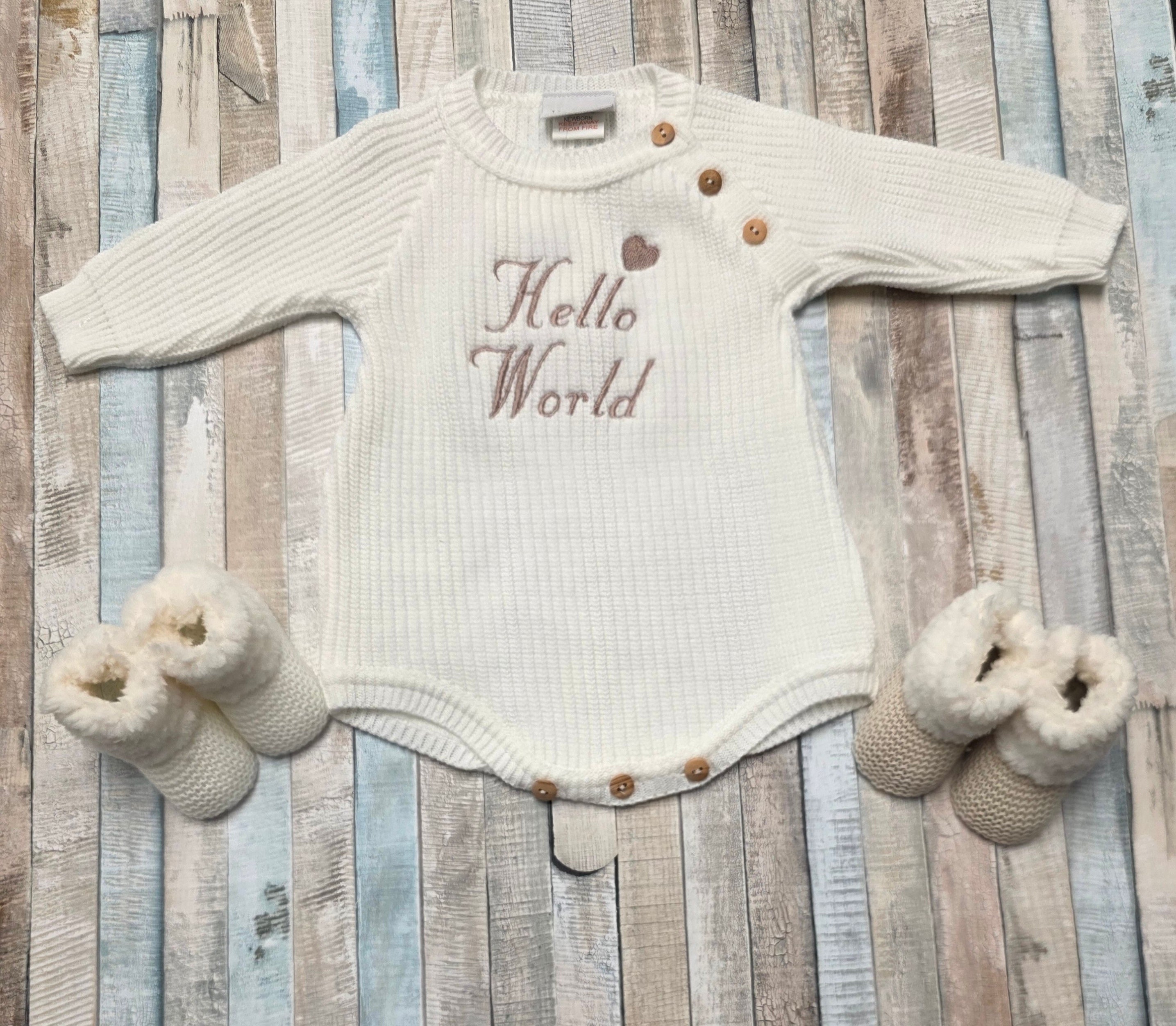 Nana B Unisex Baby White Hello World Romper With Beanie Hat