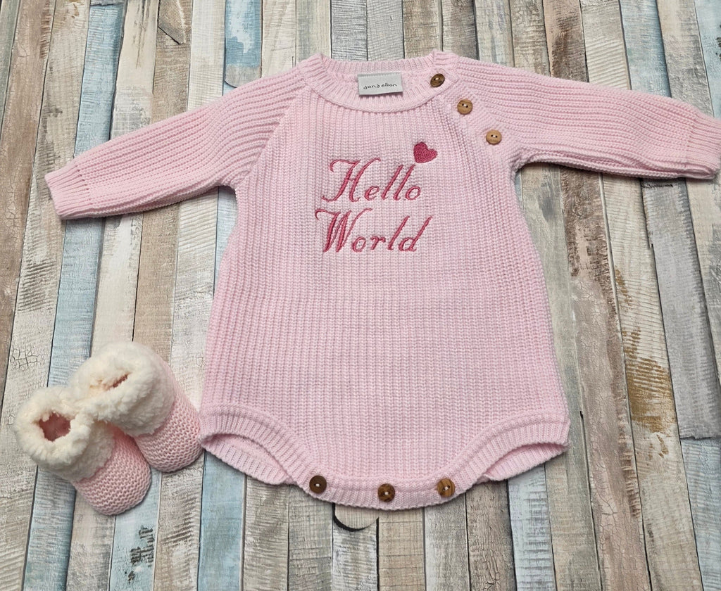 Nana B Baby Girls Pink Hello World Long Sleeved Romper With Beanie Hat