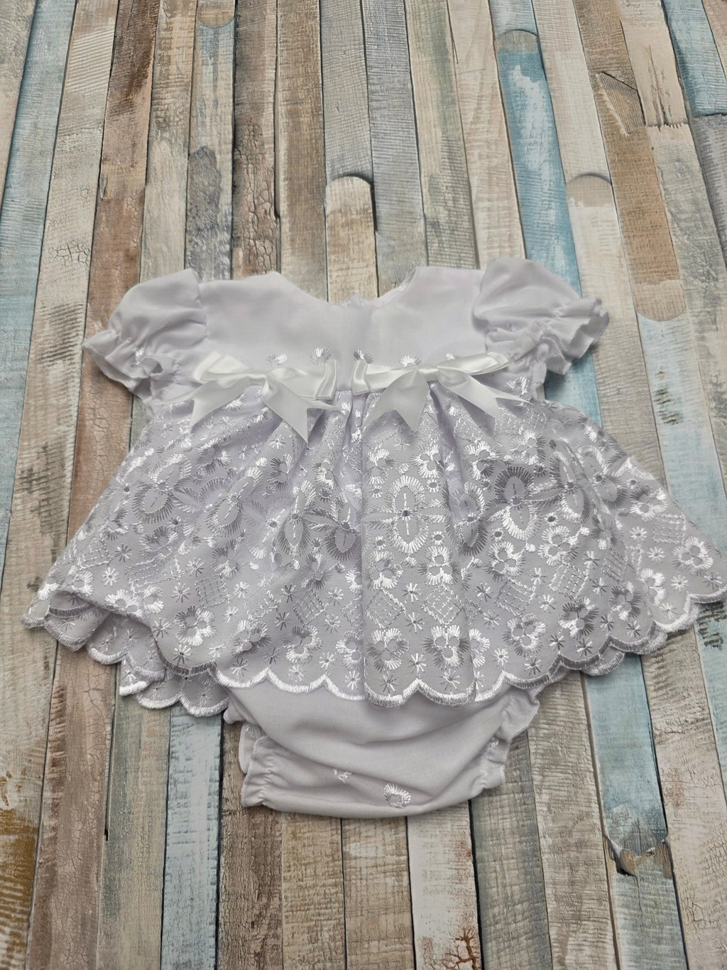 Baby Girls White Broderie Anglaise Short Sleeved Dress And Pants