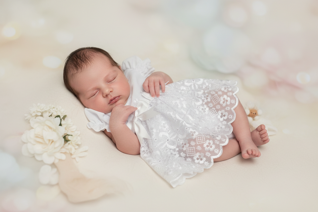 Baby Girls White Broderie Anglaise Short Sleeved Dress And Pants