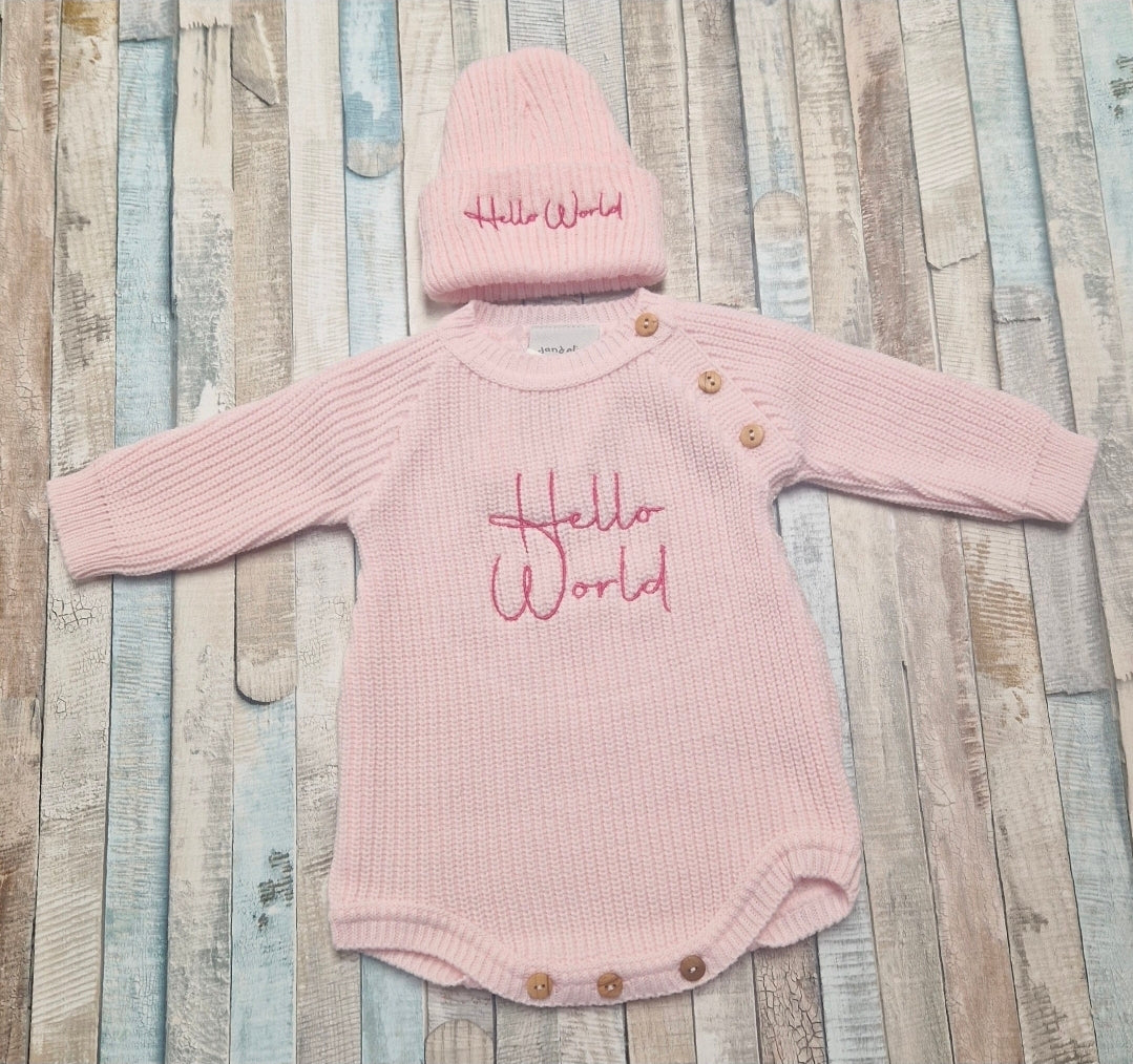 Baby Girls Pink Knitted Hello World Romper And Beanie Hat