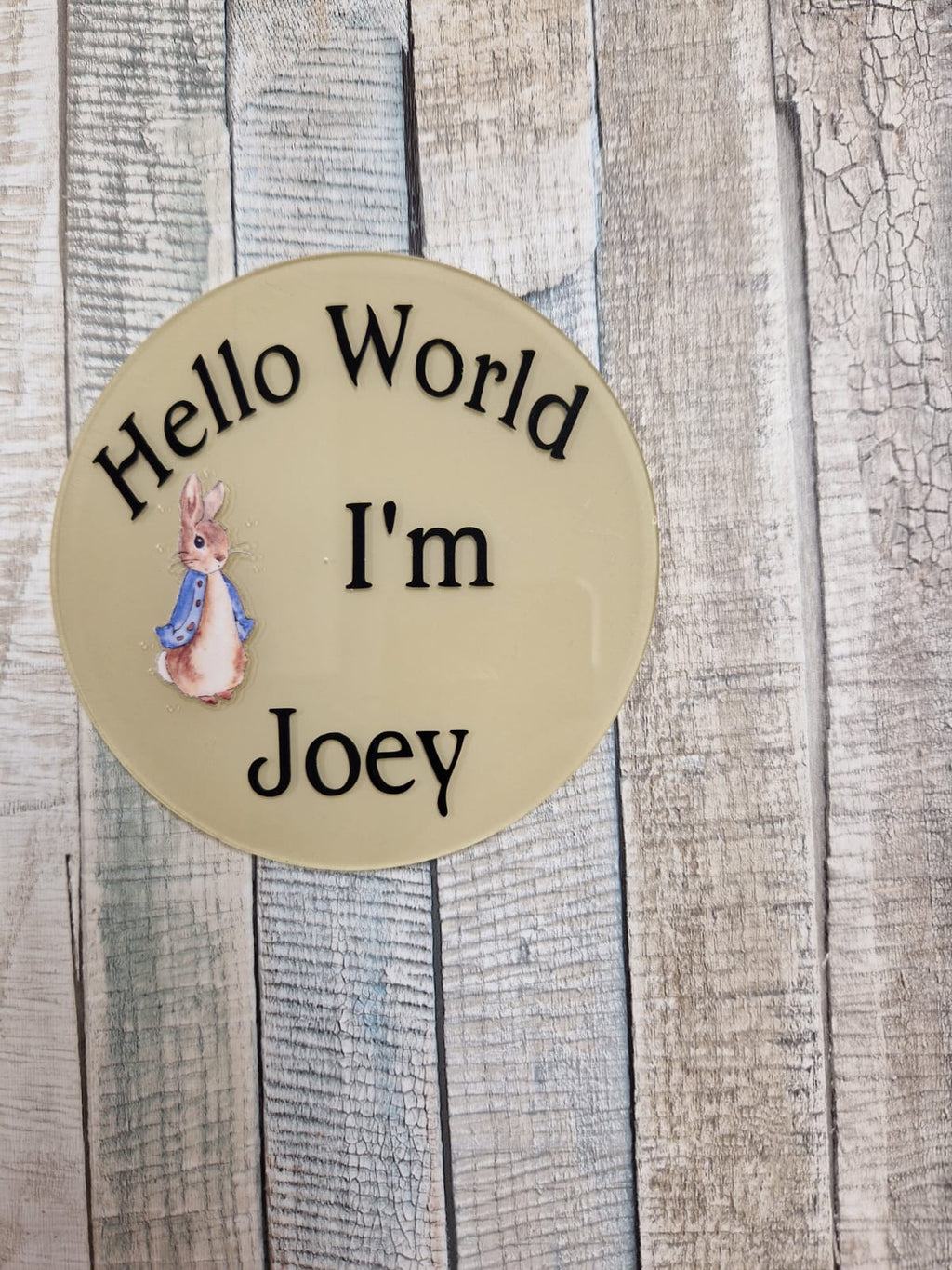 Personalised Hello World Blue Rabbit Announcement Disc