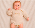 Personalised Unisex Baby Beige Knitted Long Sleeved Romper