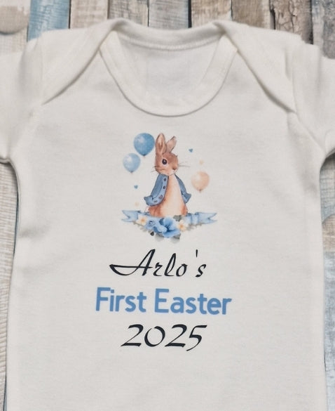 Baby Boys White Personalised First Easter Babygro With Printed Blue Rabbit