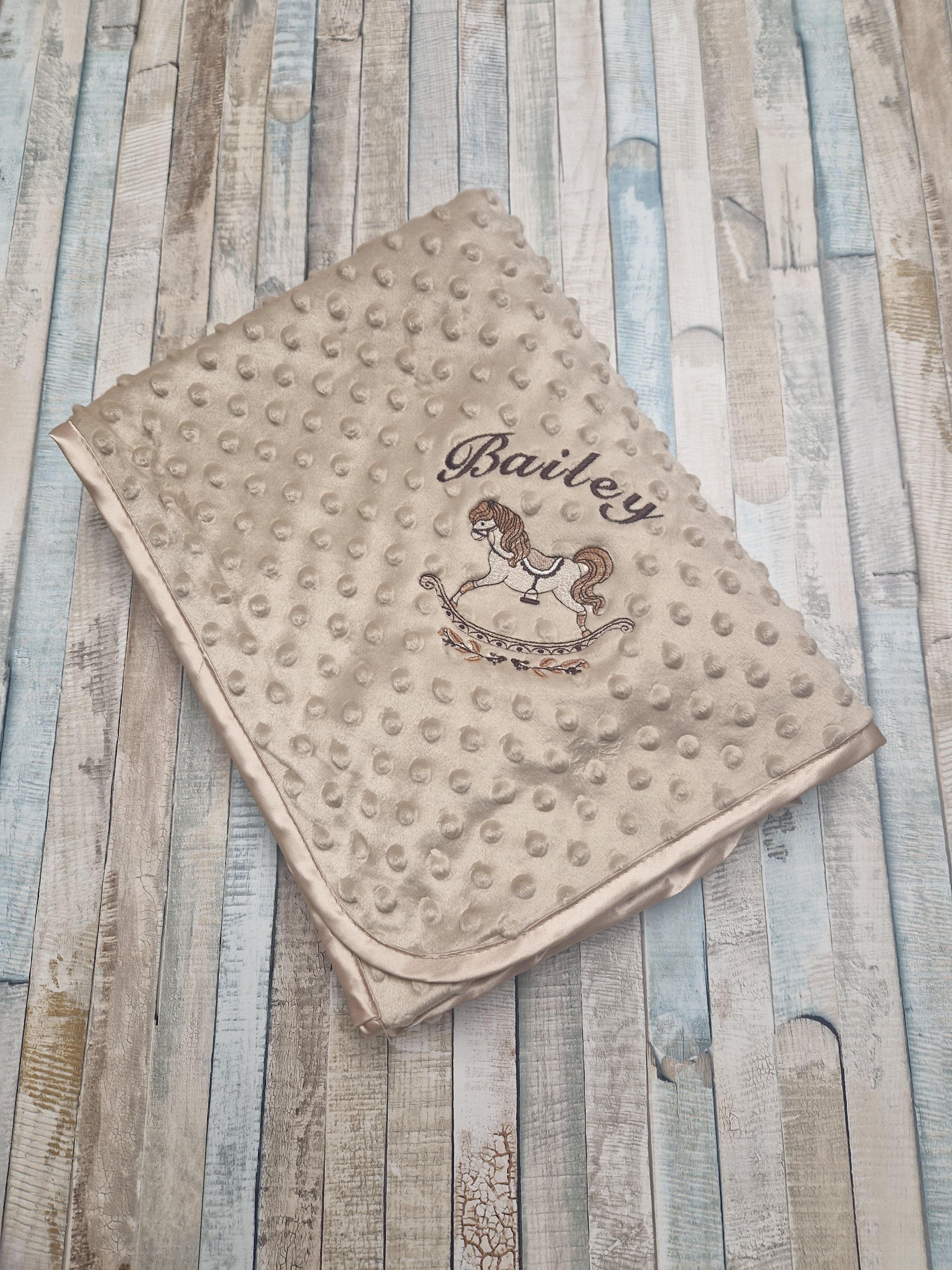 Personalised Beige Soft Dimple Wrap/Blanket With Rocking Horse Design