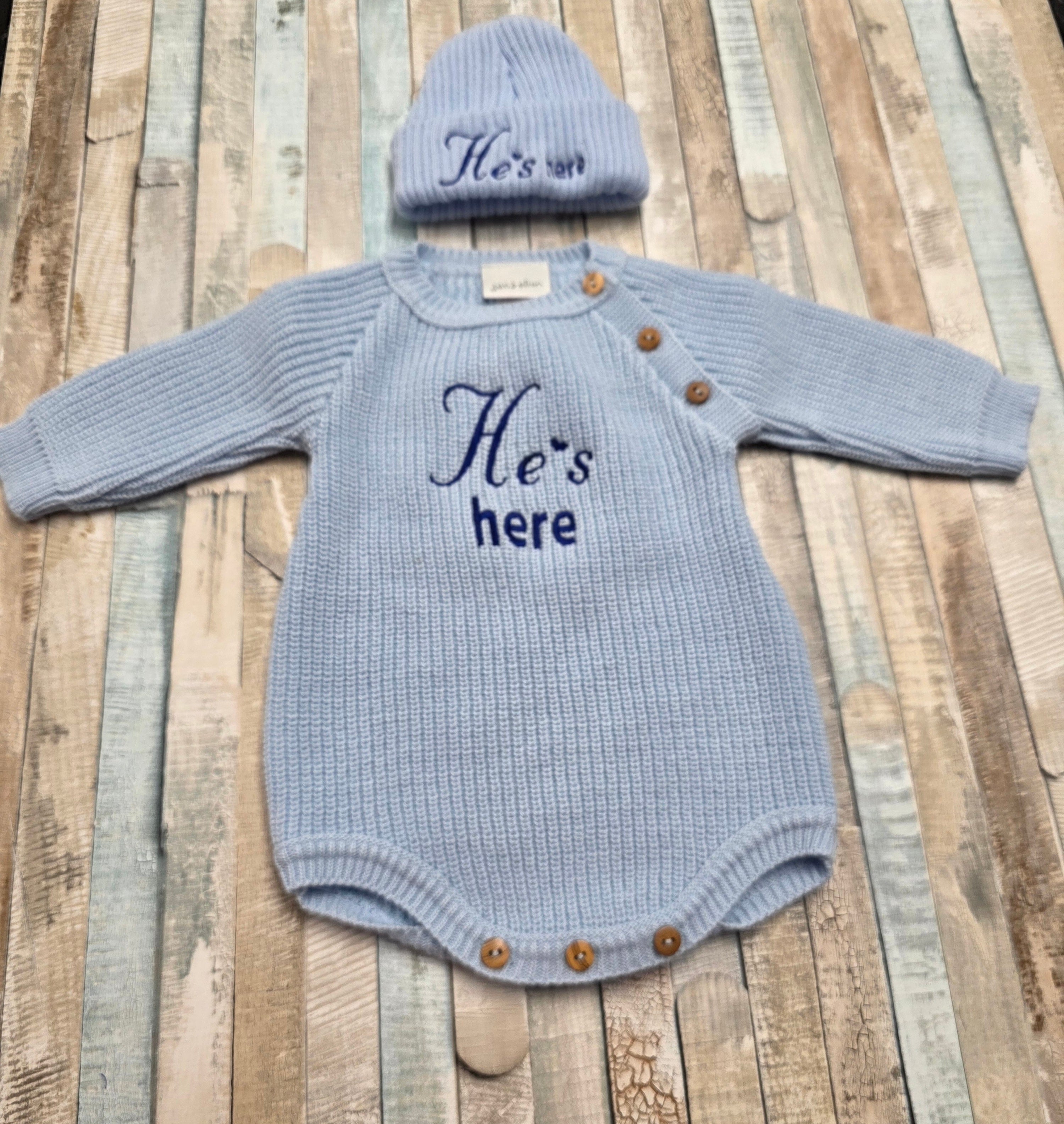 Baby Boys Blue He's Here Long Sleeved Knitted Romper Beanie