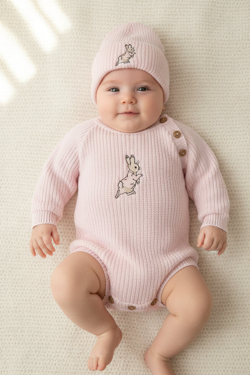 Baby Girls  Pink Knitted Rabbit Romper And Beanie Hat