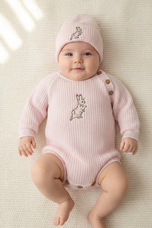 Baby Girls  Pink Knitted Rabbit Romper And Beanie Hat