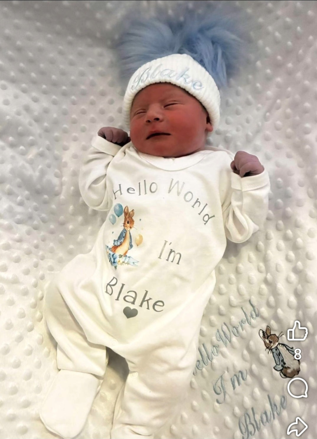 Baby Boys Newborn White Personalised Babygro With Printed Hello World Blue Rabbit