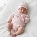 Baby Girls Pink Knitted Hello World Romper And Beanie Hat