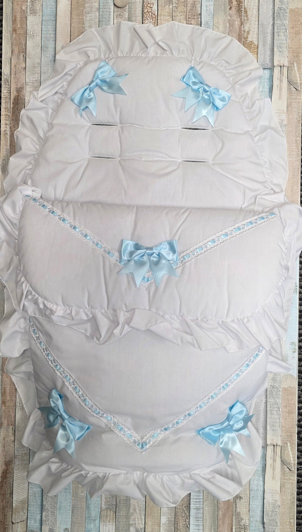 Baby Boys White Frill Universal Pushchair  Footmuff/ Cosytoes With 5 Blue  Satin Bow