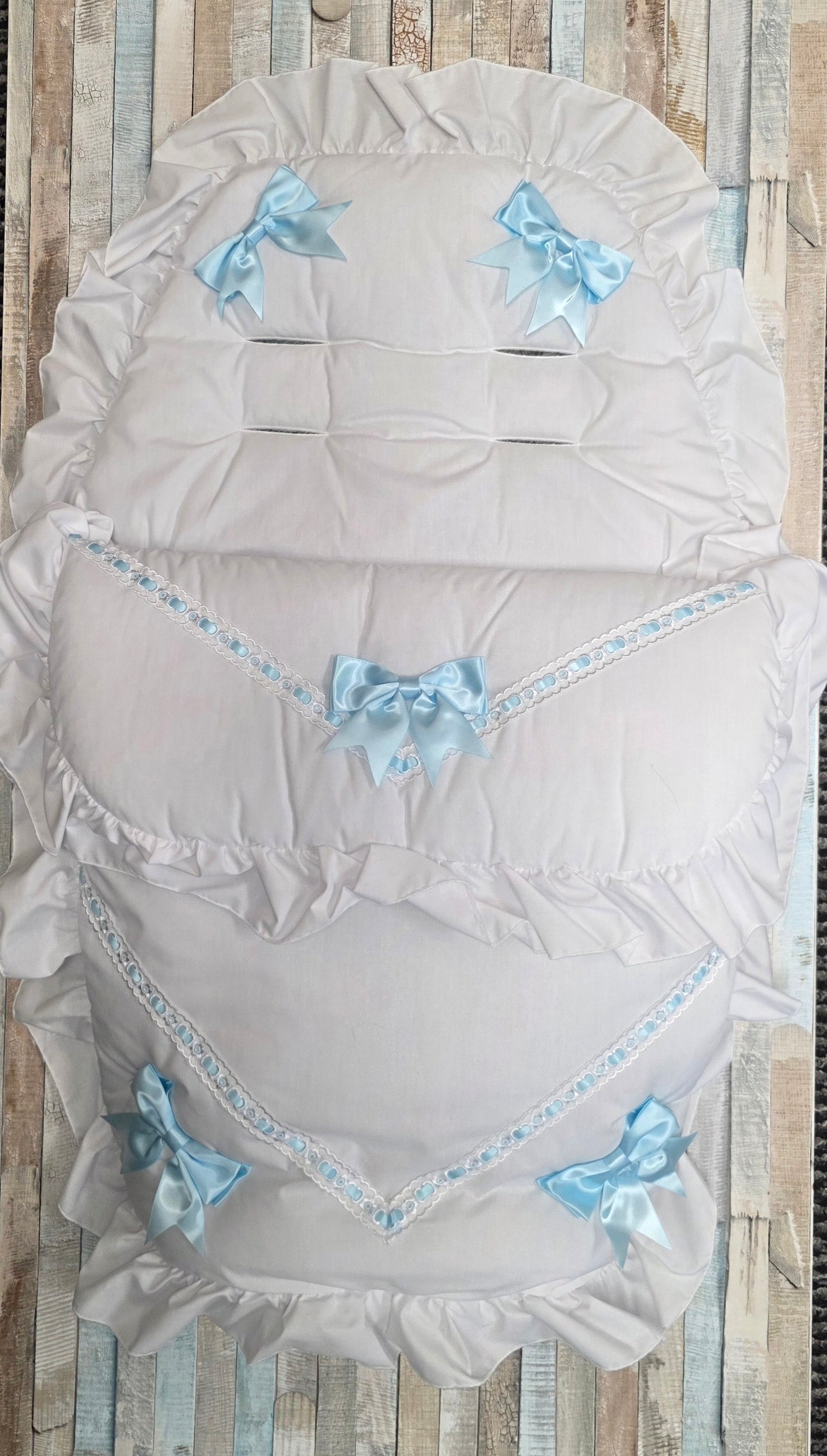 Baby Boys White Frill Universal Pushchair  Footmuff/ Cosytoes With 5 Blue  Satin Bow