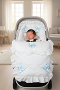 Baby Boys White Frill Universal Pushchair  Footmuff/ Cosytoes With 5 Blue  Satin Bow