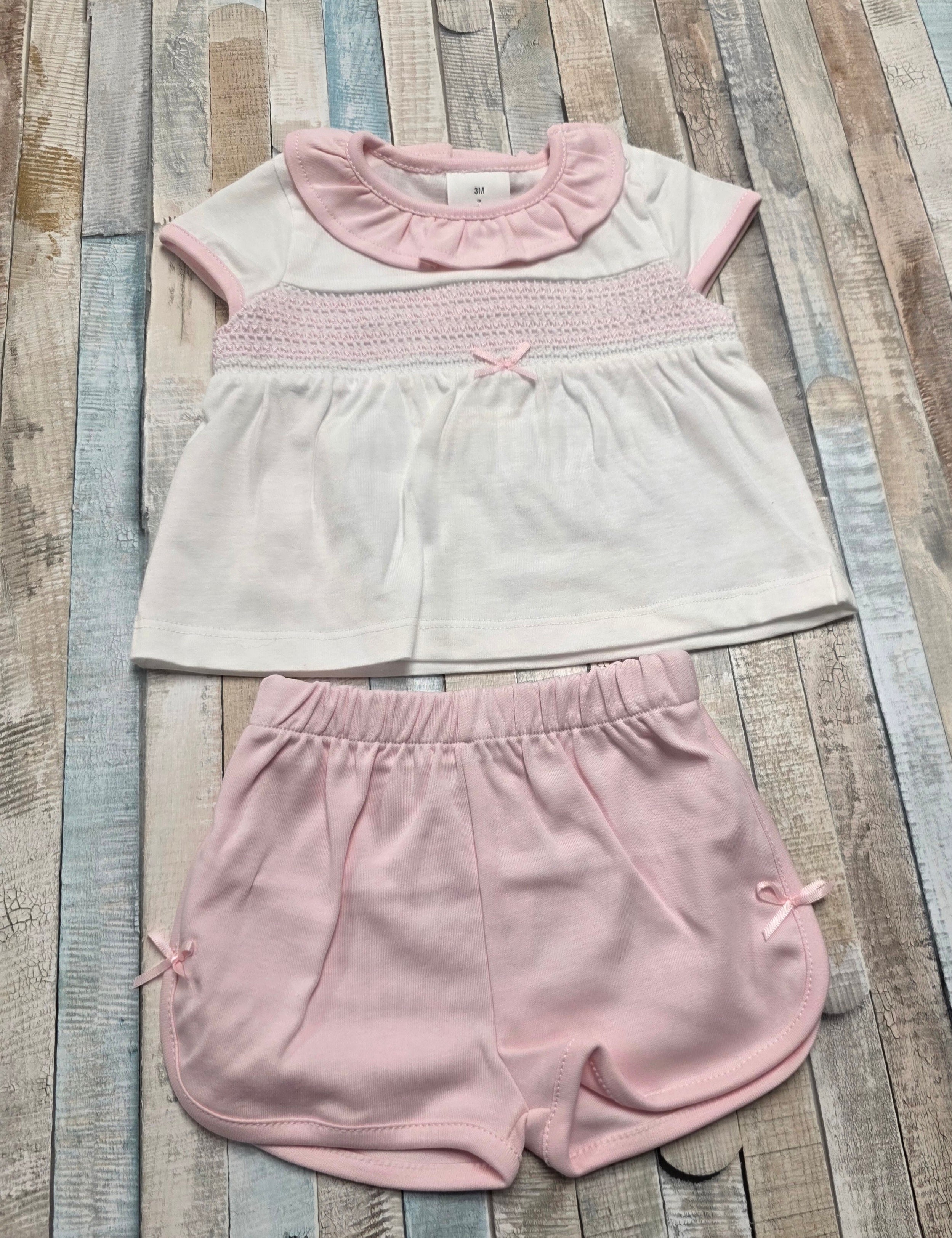 Baby Girls White And Pink Short Set With Pink Ribbon Bow