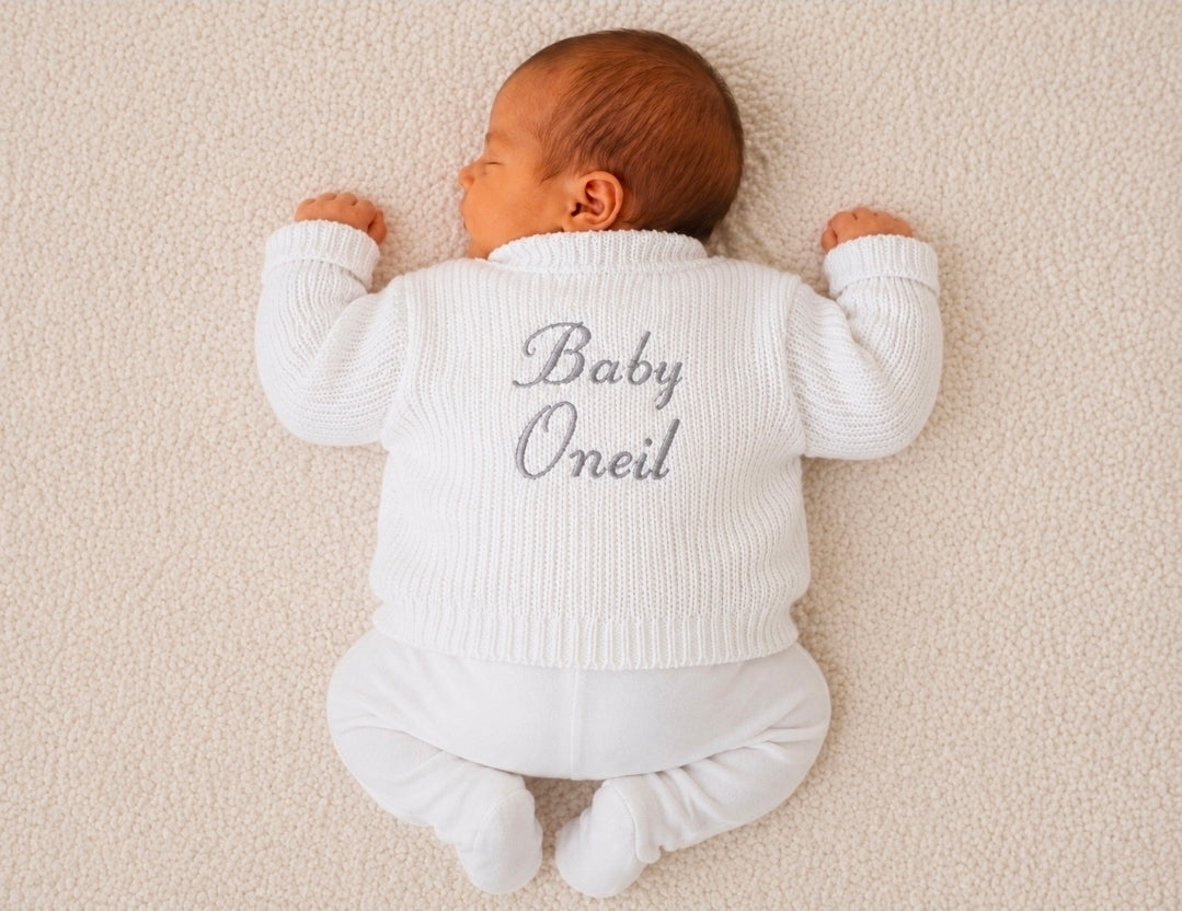 Unisex Baby White Personalised Baby And Name V Neck Cardigan