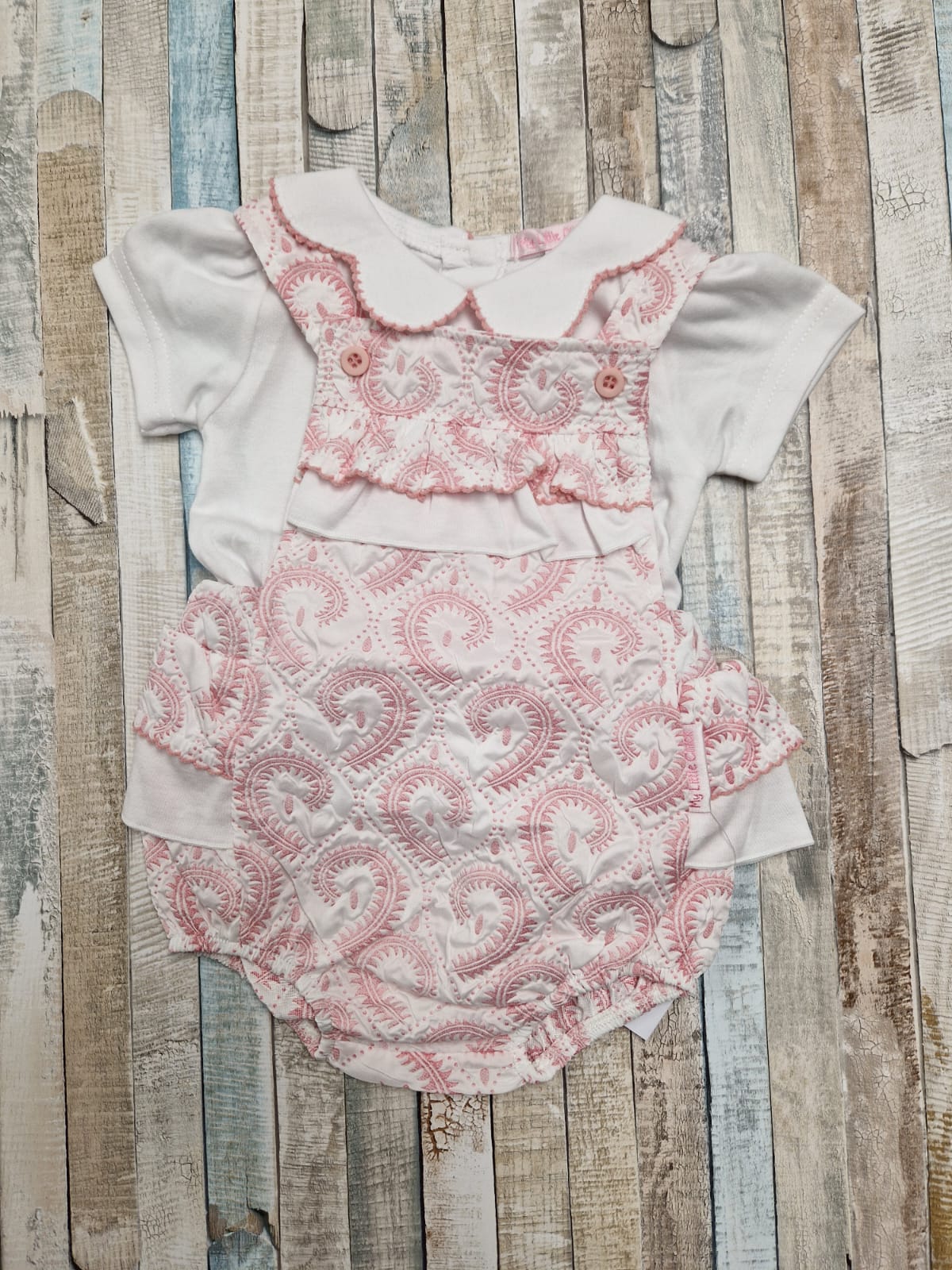 Baby Girls Pink And White Jacquard 2 Pieces Romper Set