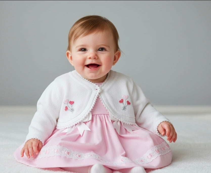 Baby Girls White Bolero With Pink Embroidered Balloon Design