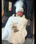 Personalised Baby Boys  White Soft Rose Wrap Embroidered With Baby Highland Cow