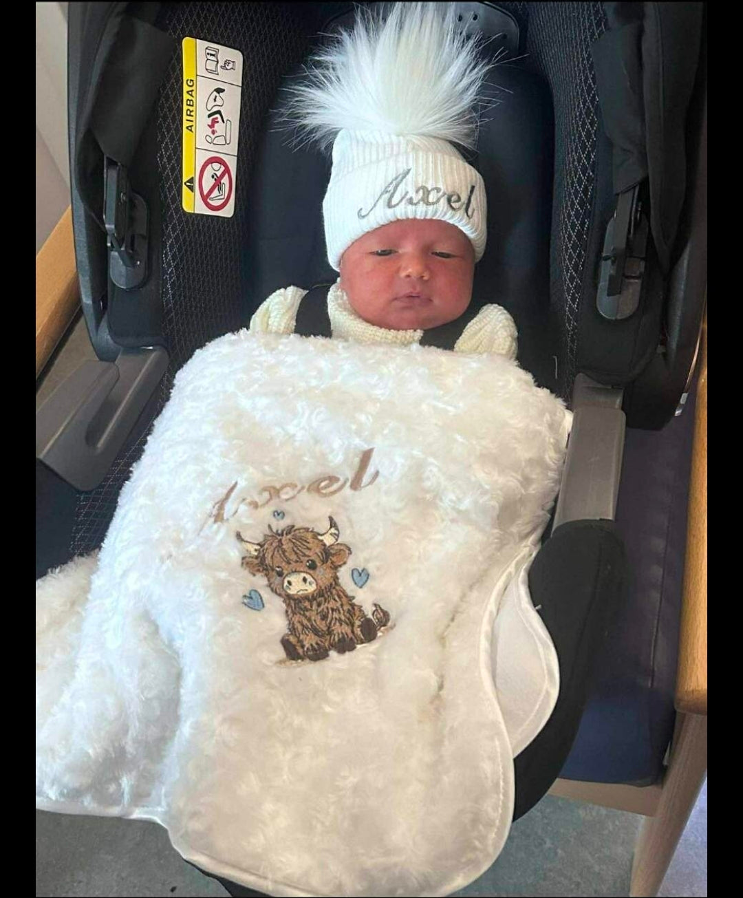 Personalised Baby Boys  White Soft Rose Wrap Embroidered With Baby Highland Cow
