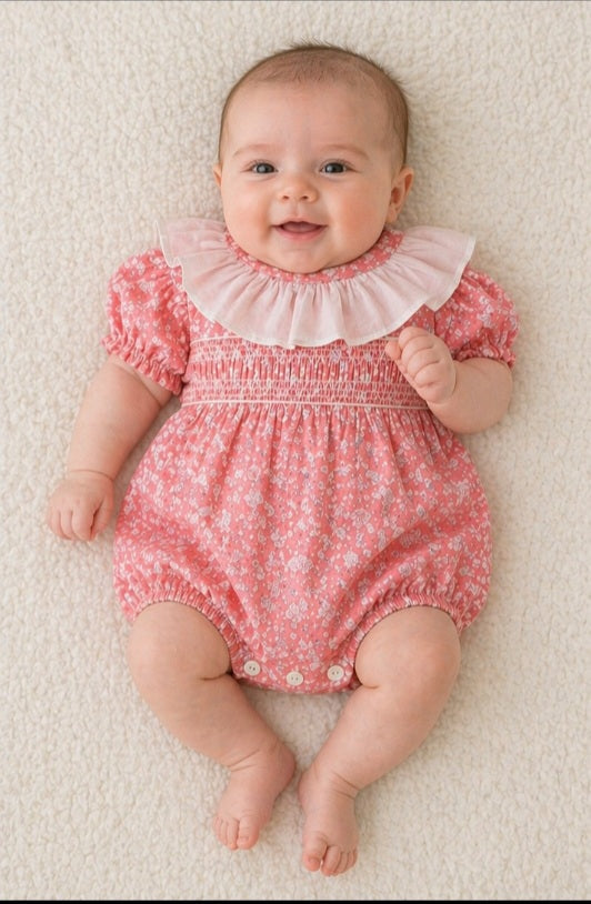 Nana's Special Buy Baby Girls Coral And White Smocked Cotton Romper