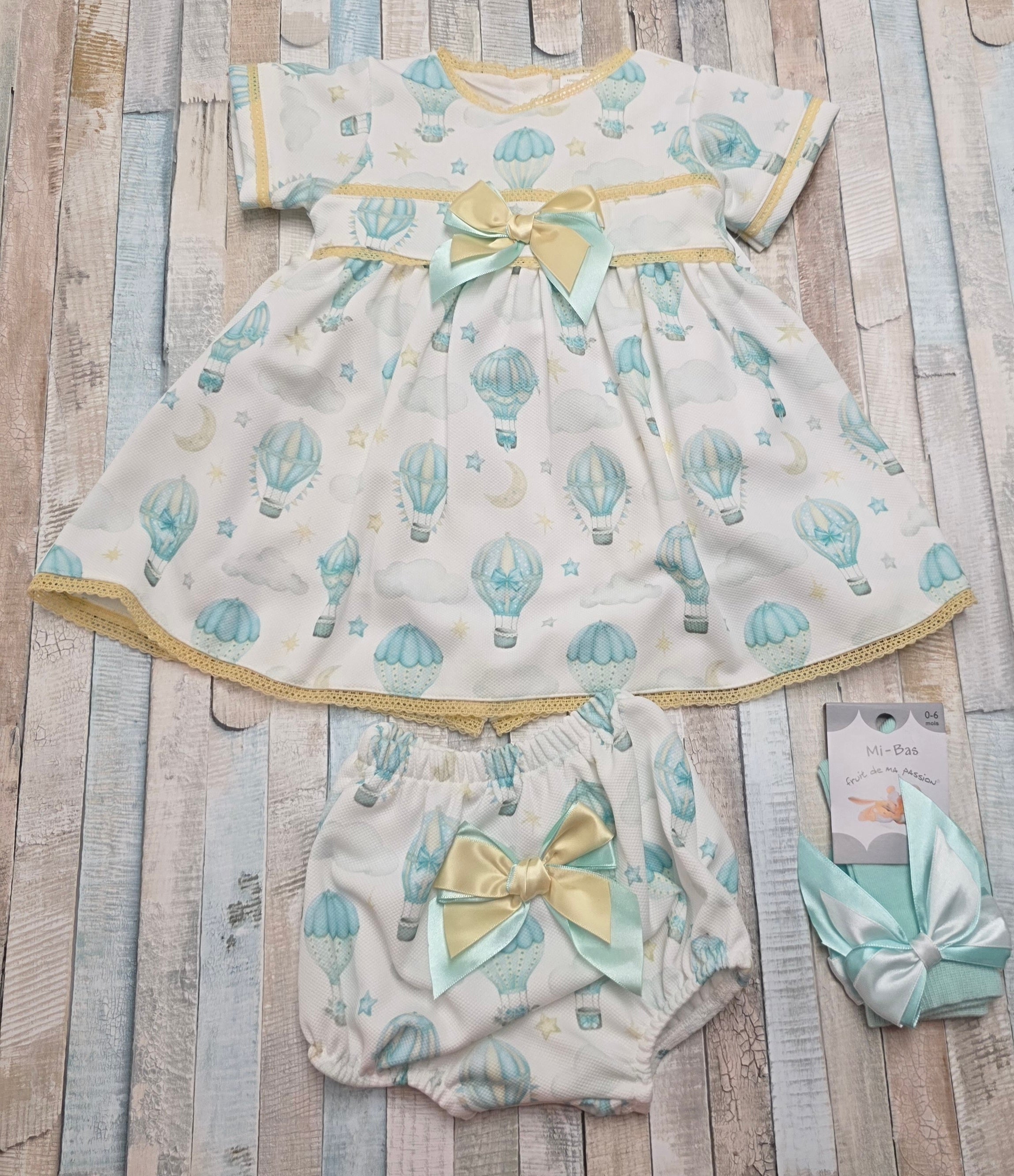 Baby Girls Green And Lemon Balloon Dress And Pants Set