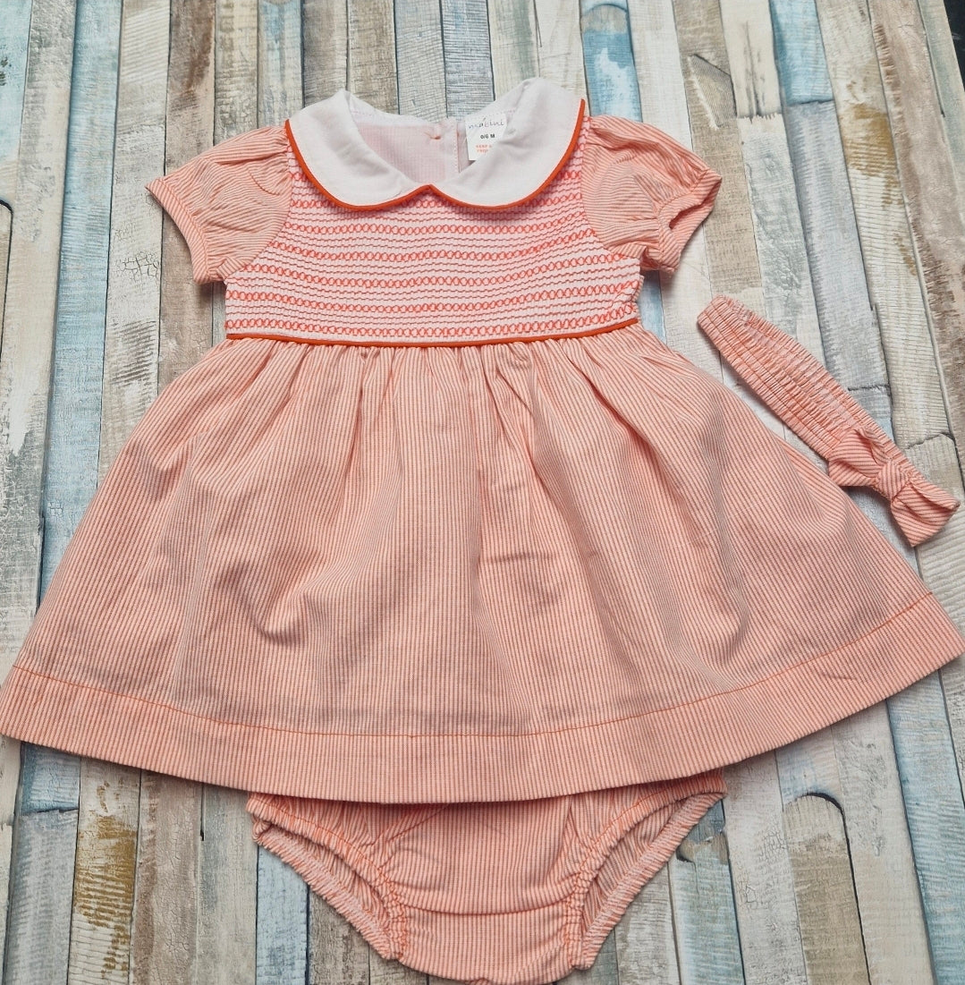 Baby Girls Peach And White Smocked Dress With Matching Pants And Headband