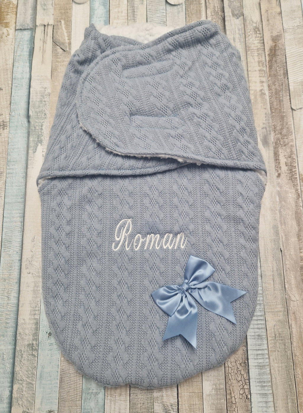 Personalised Baby Boys Dusky Blue  New Cable Style Swaddle With Satin Bow