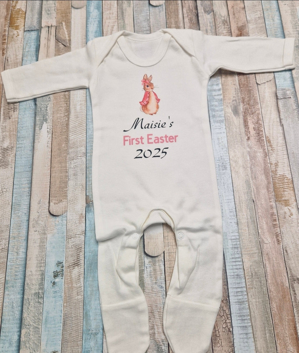 Baby Girls Newborn White Personalised First Easter Babygro With Printed Pink Rabbit