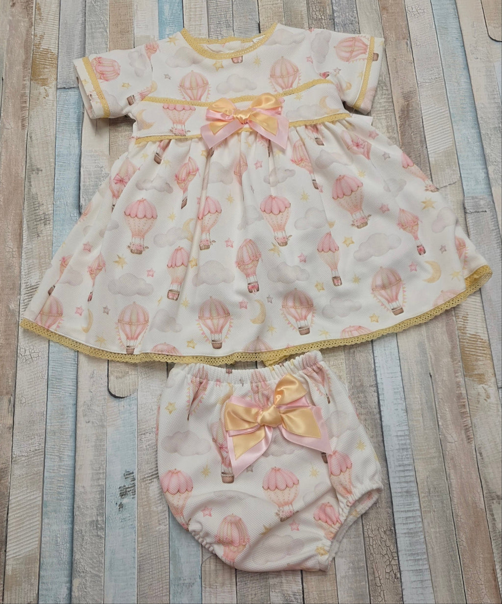 Baby Girls Cream and Pink Balloon Dress With Matching Pants