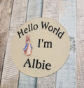 Personalised Hello World Blue Rabbit Announcement Disc