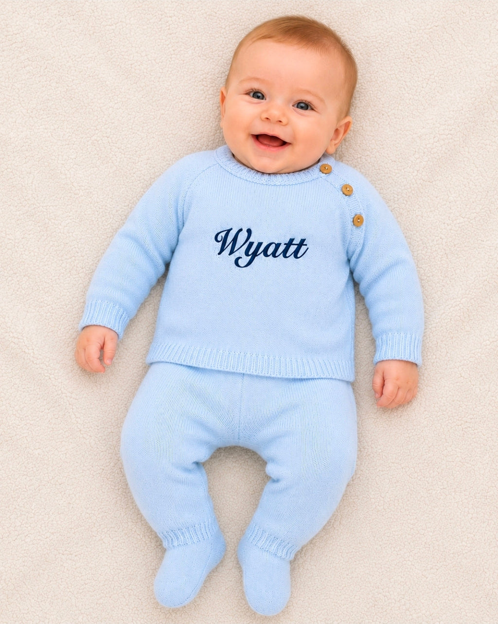 Baby Boys Blue Personalised Knitted 2 Piece Set