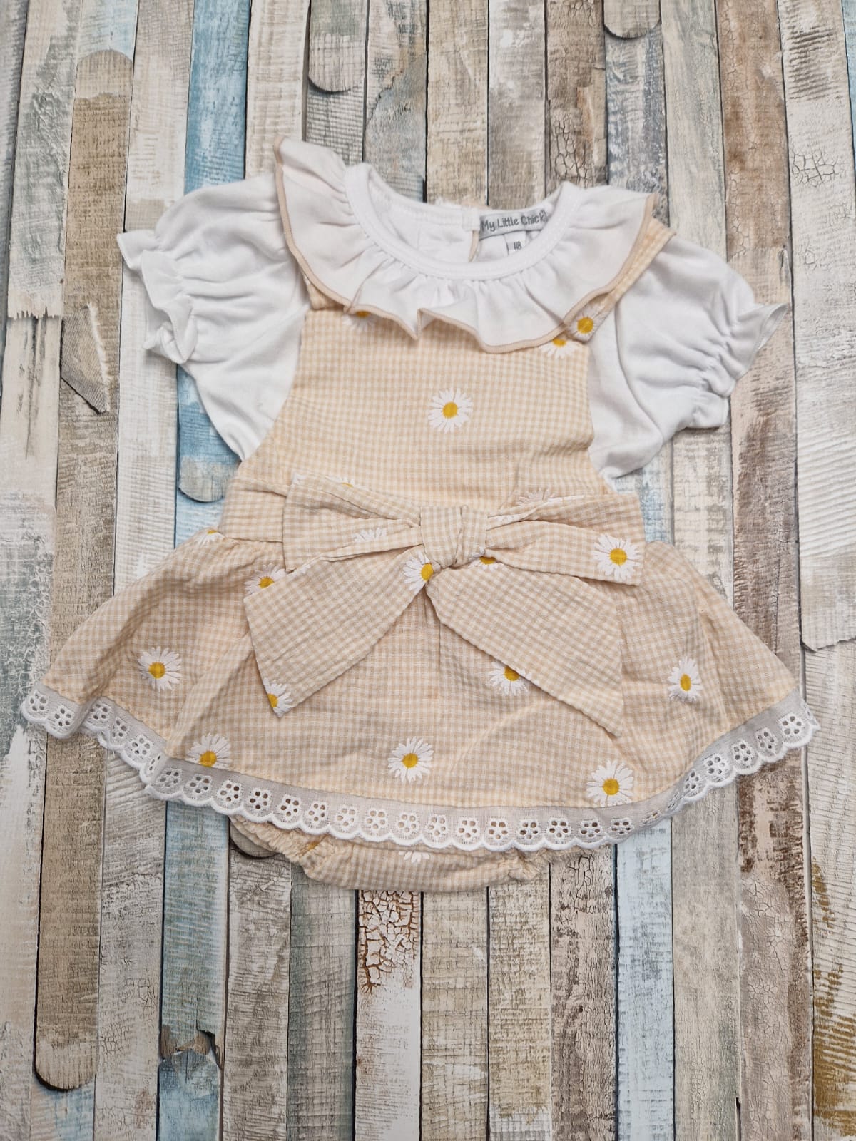 Baby Girls Beige And White Gingham Dungaree Dress Set with Lace and Bow