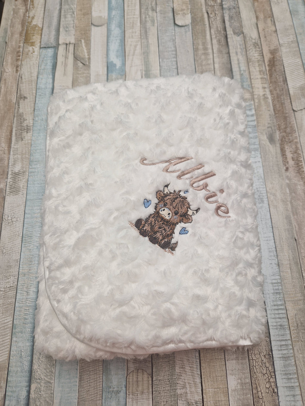 Personalised Baby Boys  White Soft Rose Wrap Embroidered With Baby Highland Cow