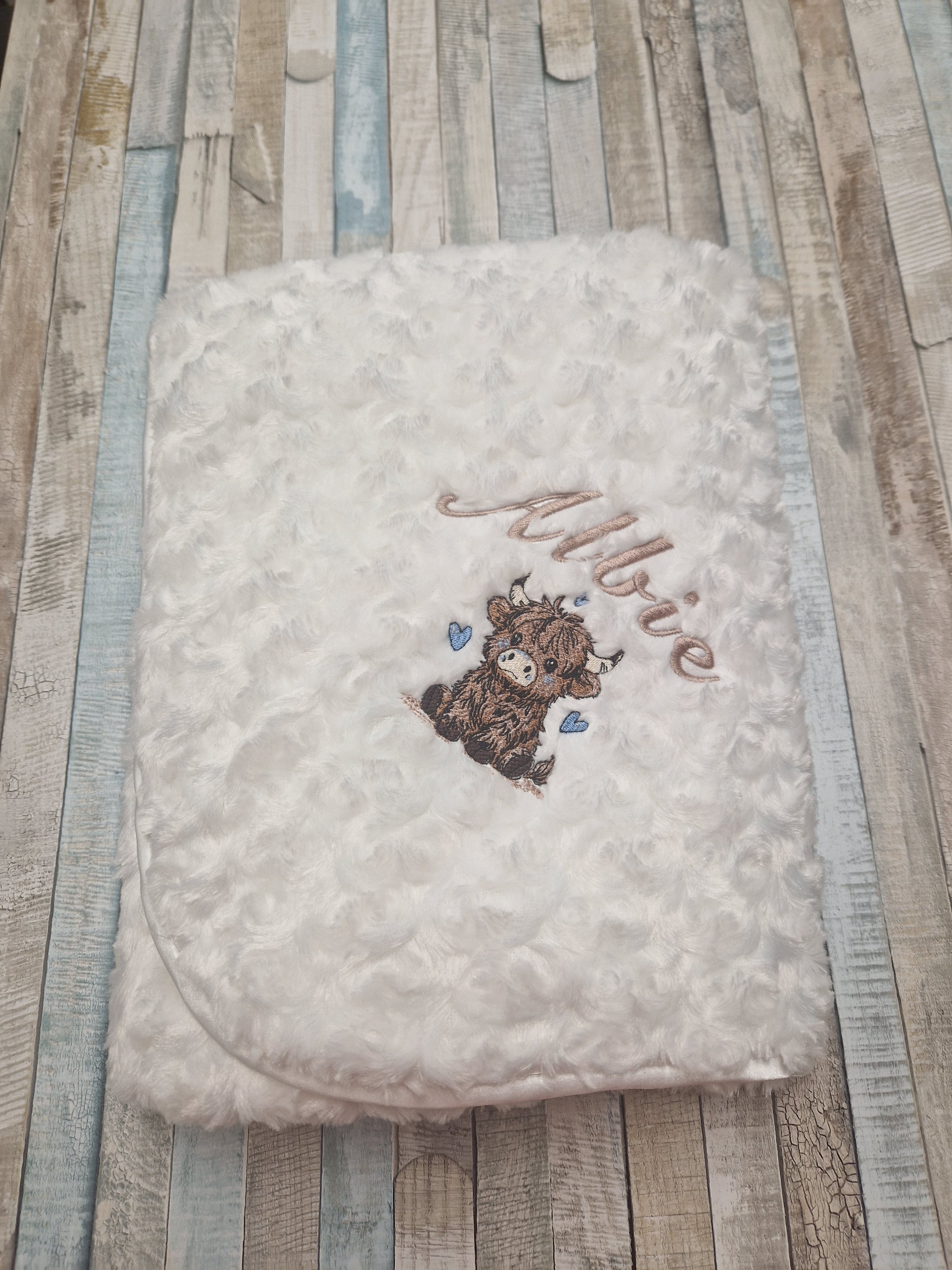 Personalised Baby Boys  White Soft Rose Wrap Embroidered With Baby Highland Cow