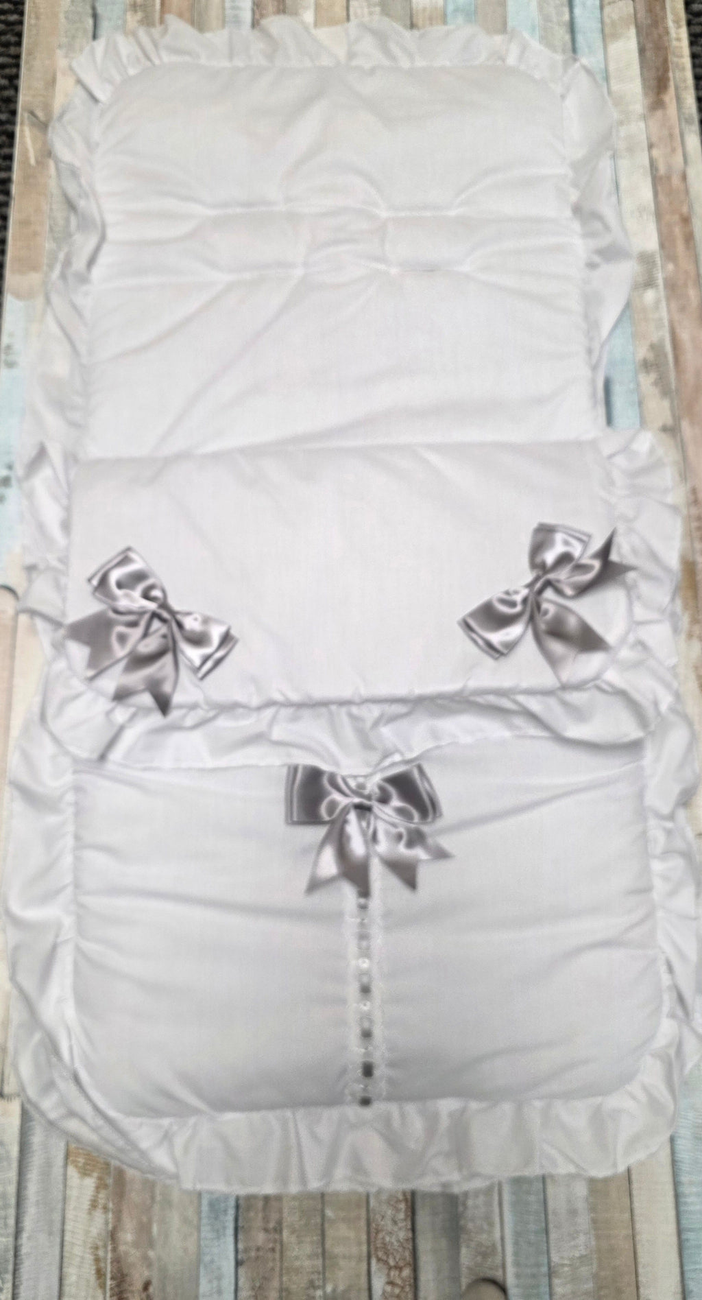 Unisex Baby Plain White And Grey Satin Bow Universal  Pushchair Cosytoes/Footmuff
